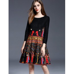  omen's Going out Sophisticated Sheath DressPrint Round Neck Above Knee Long Sleeve Black
